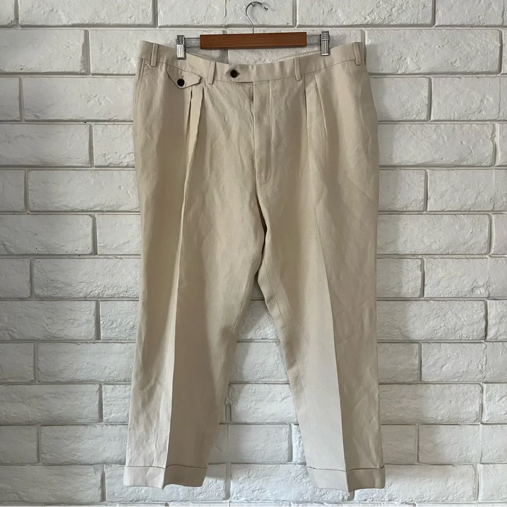 New & Lingwood Men’s Dress Slacks Trouser Cream Ivory Italian Linen Sz 42 Luxury